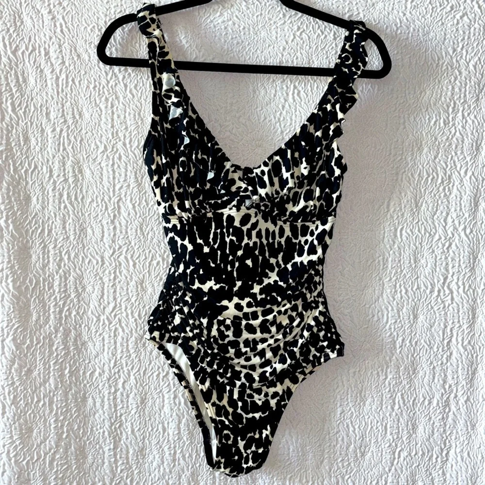 DKNY Animal Print Tummy Control Ruffled V-Neck One-Piece Swimsuit - Picture 3 of 12